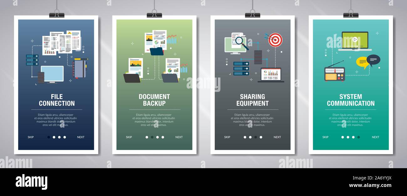 Vector set de bannières web vertical avec connexion de fichier, sauvegarde de documents, le partage de matériel et système de communication. Modèle de page de scénario pour websi Illustration de Vecteur