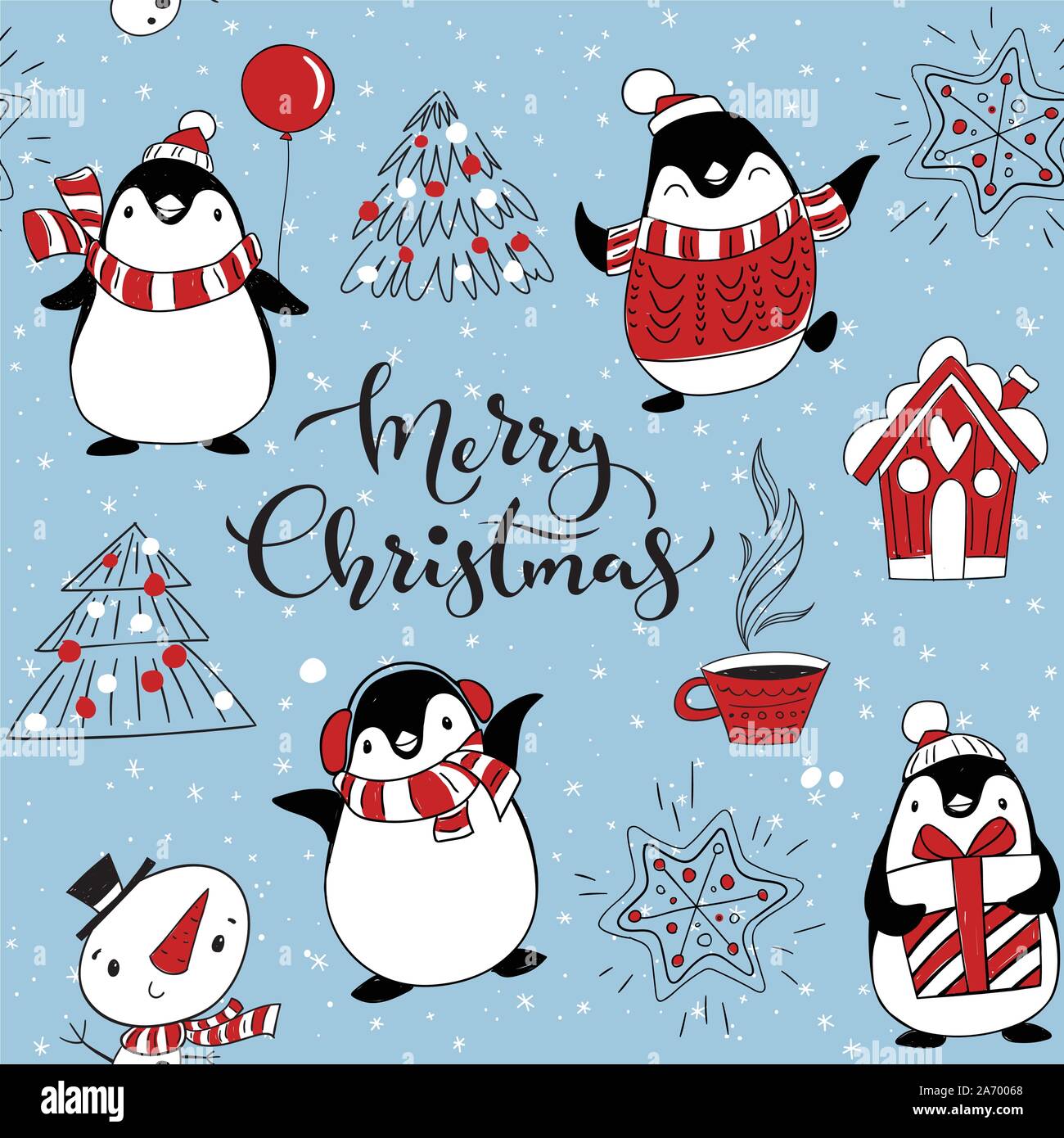 Vector pattern transparente pour les vacances d'hiver avec mignon pingouins et décorations de Noël. Illustration de Vecteur