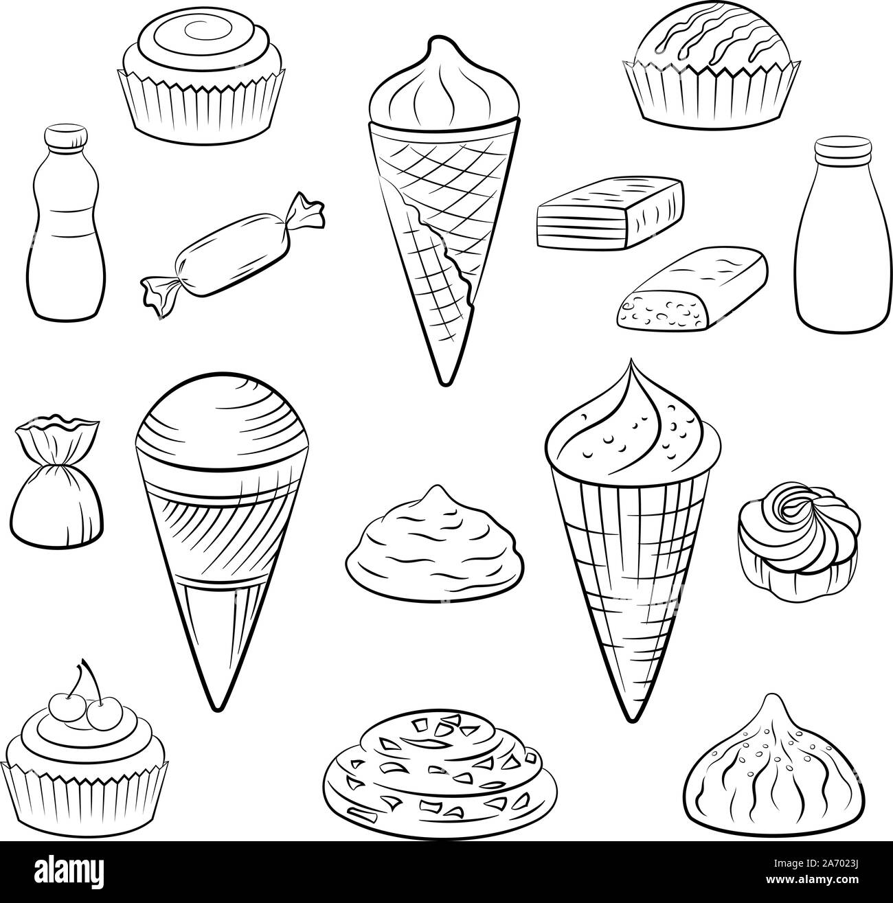 Série de pictogrammes aliment sucré, la crème glacée dans des tasses, des gâteaux gaufres, pâtisseries, jus et lait. Les contours noir isolé sur fond blanc. Vector Illustration de Vecteur