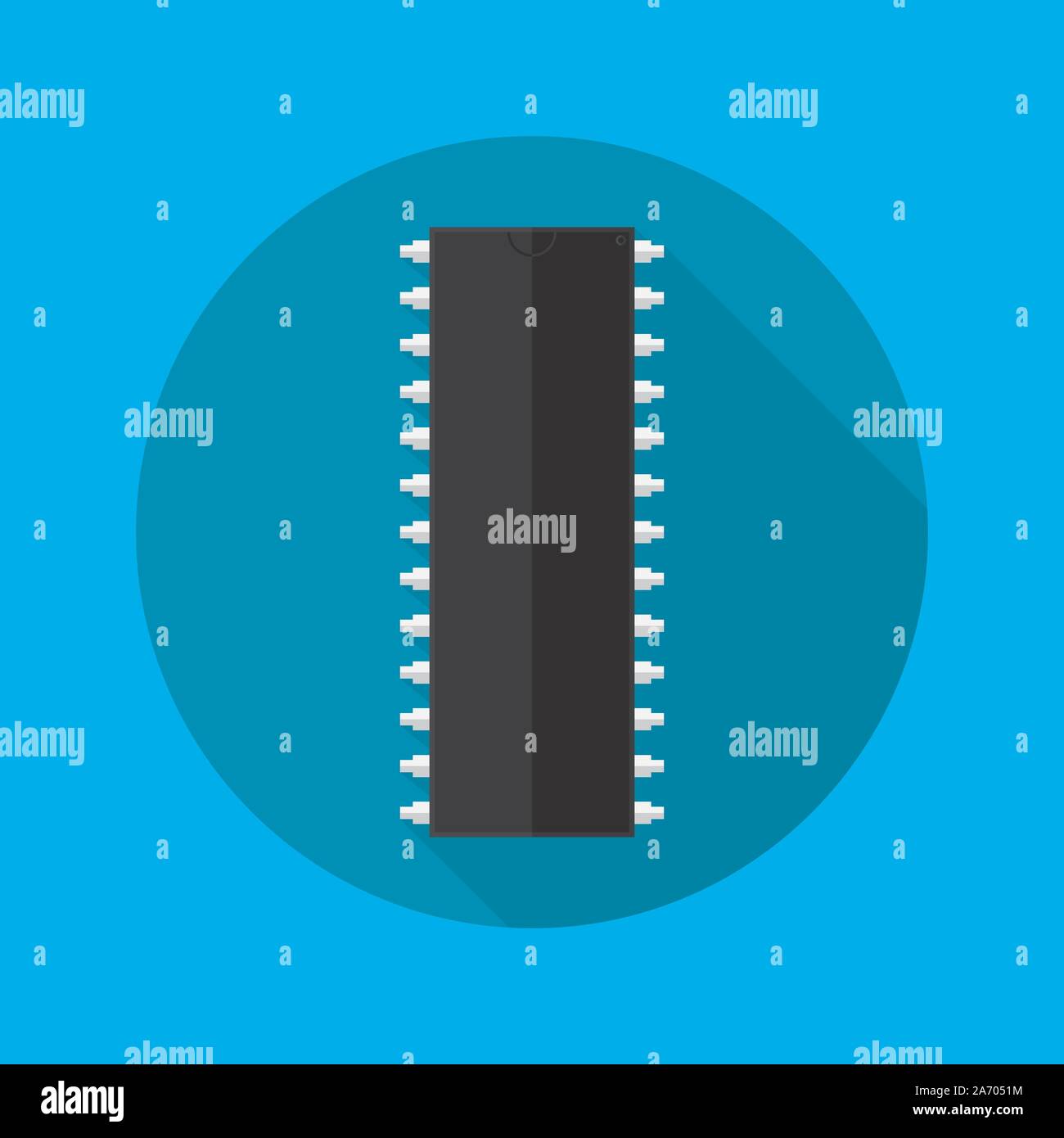 Dans l'icône puce modèle plat. Puce simple avec grande ombre sur fond bleu. Télévision Microcircuit signe. Vector illustration. Illustration de Vecteur