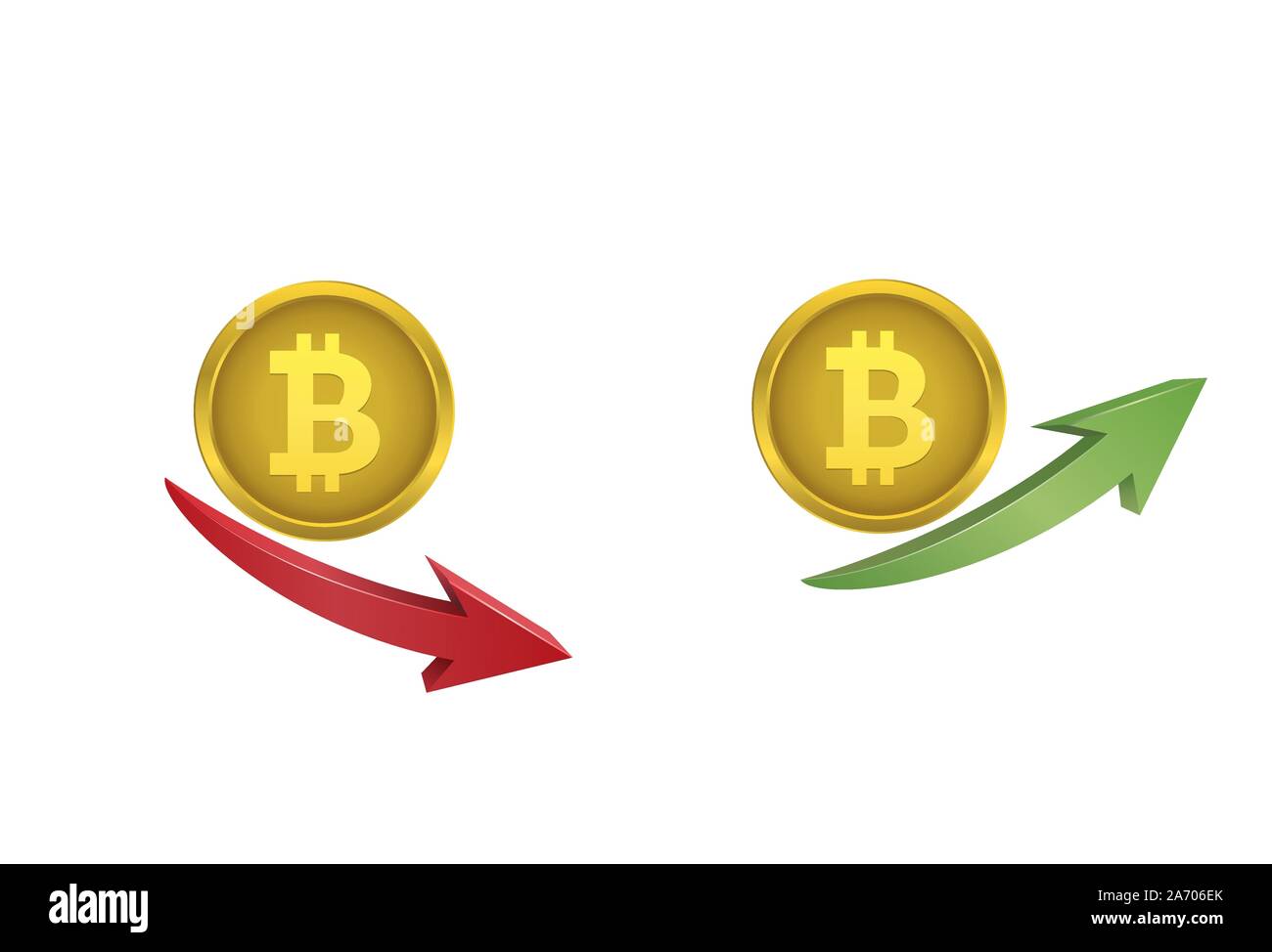 Pièces de monnaie Bitcoin avec flèches verte et rouge Illustration de Vecteur