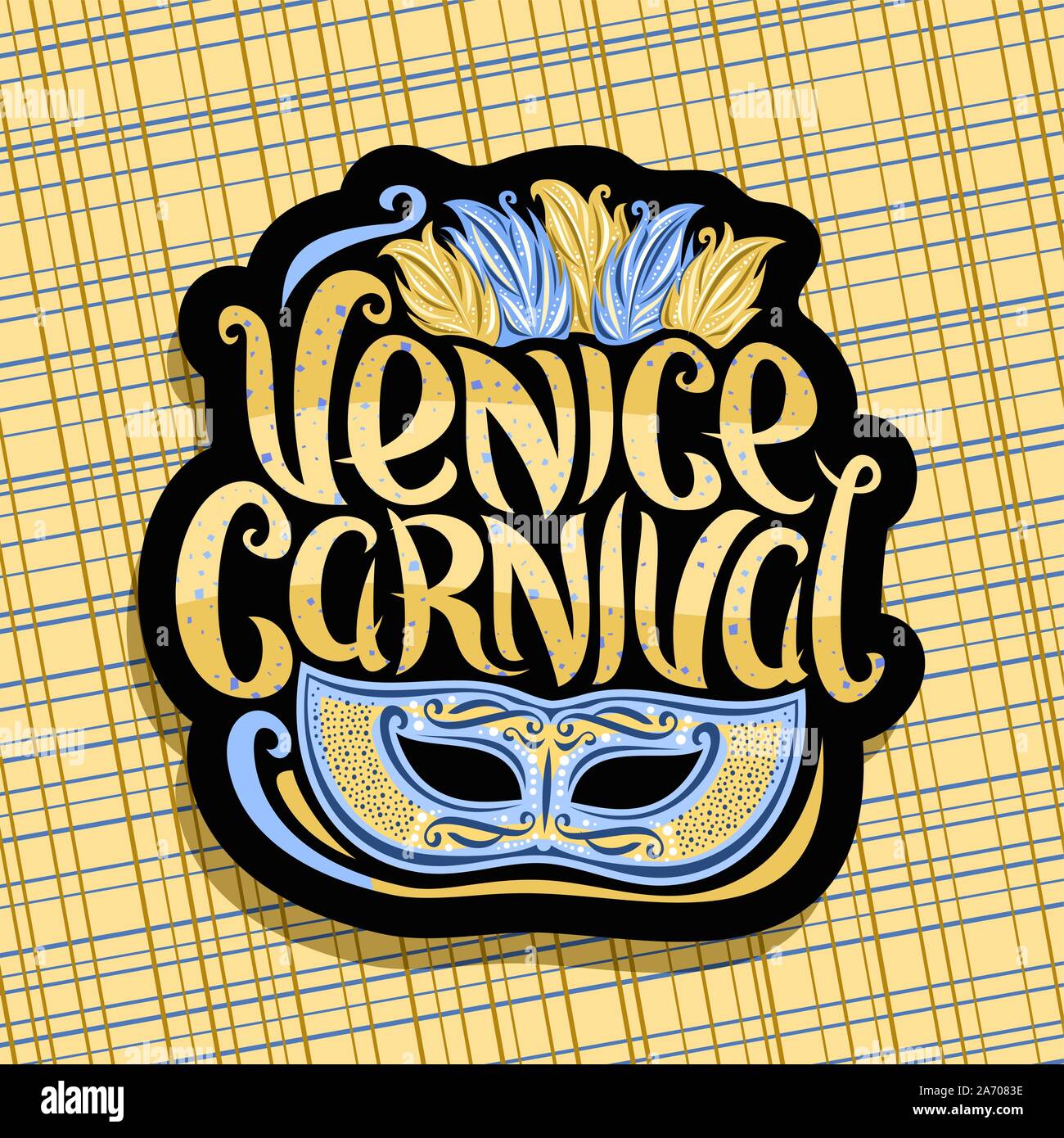 Logo Vector pour Carnaval de Venise, panneau noir avec illustration de bleu masquerade mask, plumes colorées pour coiffure, police manuscrite élégante f Illustration de Vecteur