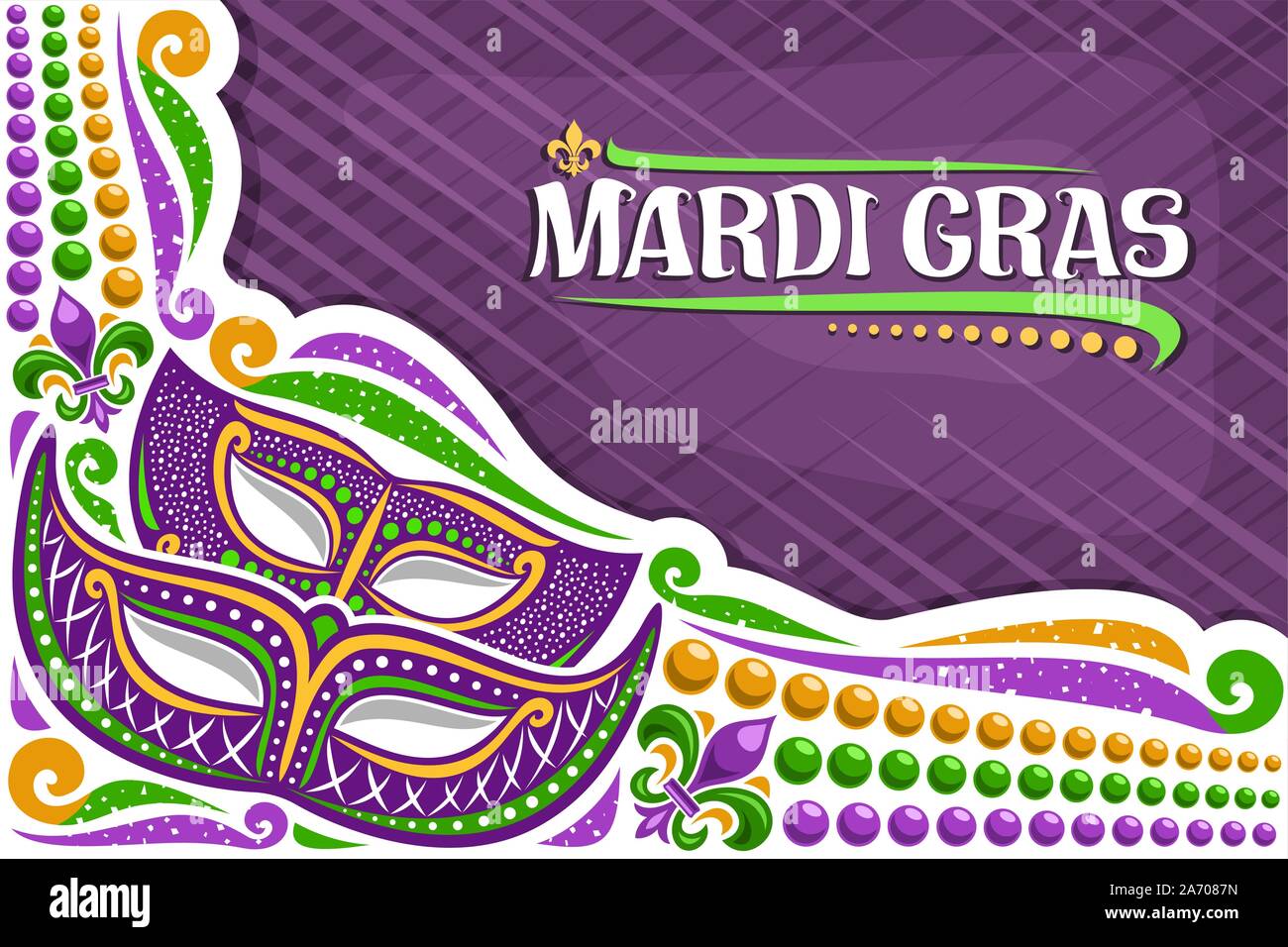 Carte de souhaits pour vecteur Mardi Gras avec copie espace, mise en page avec illustration de carnaval, symbole traditionnel du mardi gras - fleur de lis, colo Illustration de Vecteur