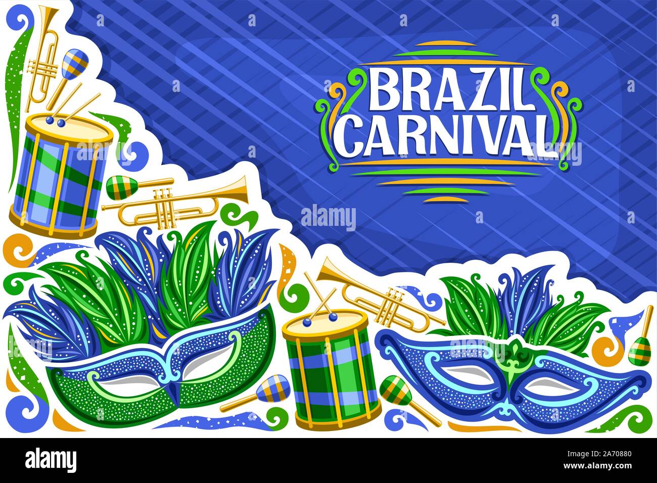 Carte de souhaits pour vecteur Brésil Carnaval avec copie espace, illustration de masque vert, batterie avec les pilons, modèle pour carnaval à Rio de Janeiro, Illustration de Vecteur