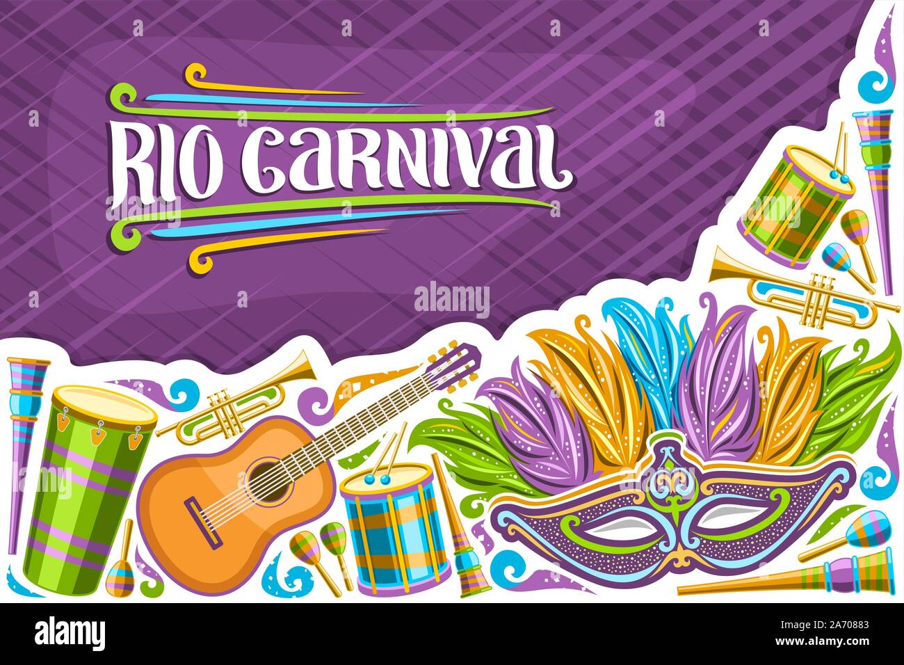 Carte de souhaits pour vecteur Carnaval de Rio avec copie espace, illustration of colorful masque de Venise, de la batterie avec les pilons, mise en page de carnaval à Rio de Ja Illustration de Vecteur