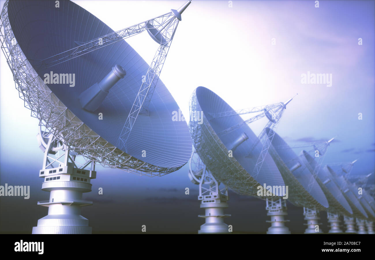 L'alignement des antennes paraboliques géantes pour signal. 3D Illustration, concept de la science et de la technologie de communication. Banque D'Images