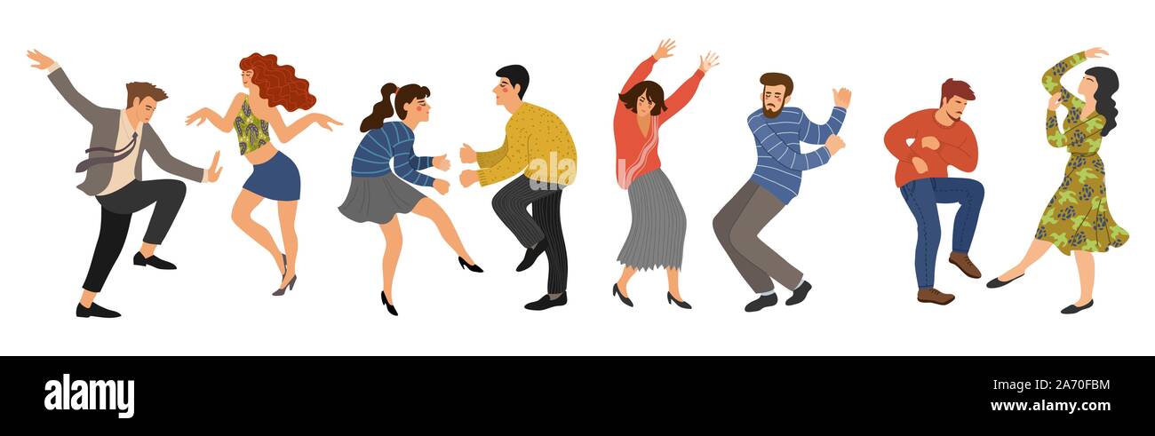 Groupe de jeunes gens dansant heureux isolé sur fond blanc. Les hommes et les femmes dans la danse. Vector illustration design plat. Illustration de Vecteur