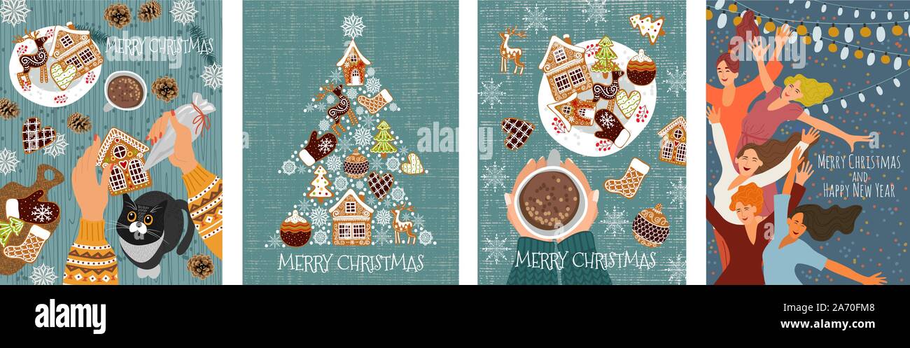 Série de cartes de Noël avec vecteur gingerbread cookies, danse , les gens et les mains avec poche à douille décorer les pâtisseries. Tirer la main à plat mignon Illustration de Vecteur