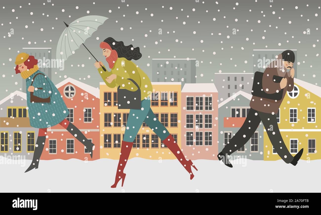 Quelques personnes dans la ville moderne -concept illustration d'hommes et de femmes, de marcher sous la neige dans la rue contre l'arrière-plan de neige urbain Illustration de Vecteur