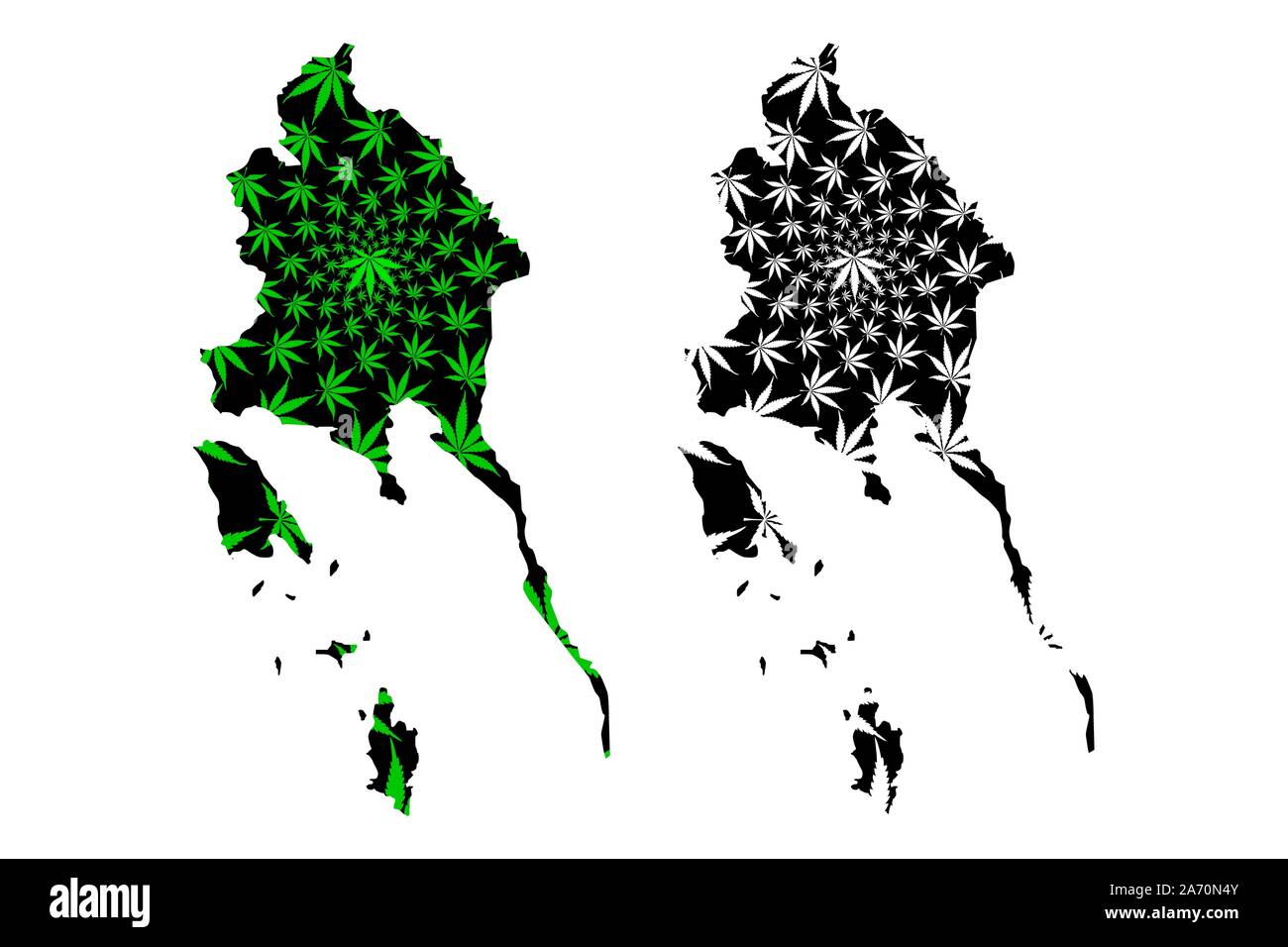 La province de Trat (Royaume de Thaïlande, Siam, Provinces de la Thaïlande) la carte est conçue de feuilles de cannabis vert et noir, Trat carte de marijuana, Illustration de Vecteur