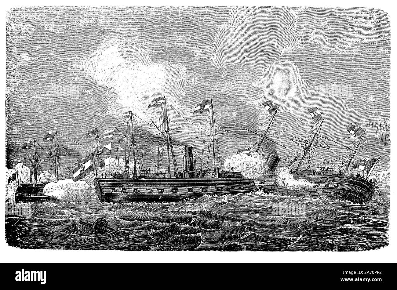 Bataille de Lissa en 1866 sur la mer Adriatique, près de l'île dalmate de Lissa, première grande bataille entre la mer et la victoire de cuirassés de la marine autrichienne en infériorité numérique avec l'amiral Tegetthoff contre la force supérieure Italienne Banque D'Images