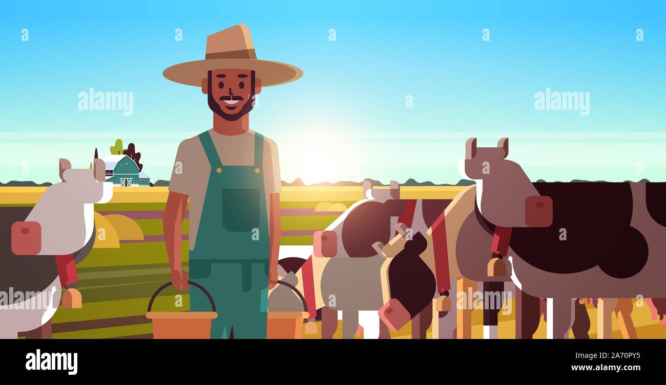 Laitier holding seaux de lait frais fermier sur près de troupeau de vaches broutant dans les champs d'agriculture eco concept élevage paysage coucher de soleil gros plan arrière-plan portrait horizontal vector illustration Illustration de Vecteur