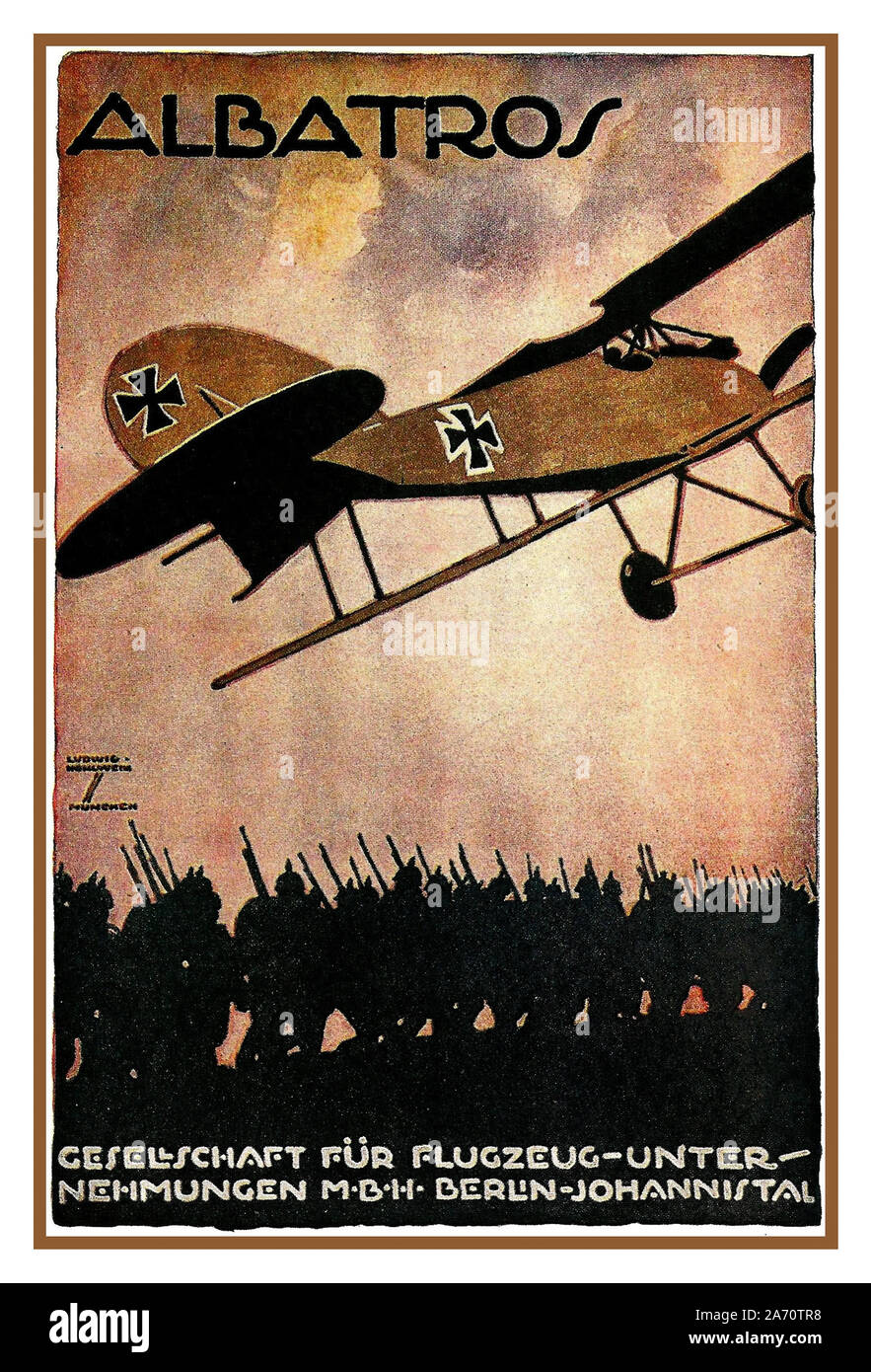 ALBATROS Vintage 1914 Allemand WW1 Guerre mondiale 1 Poster de propagande pour l'Albatros Bi-plane c'était le plus grand fabricant d'avions d'Allemagne. À une époque, 60 % des combattants allemands de première ligne étaient Albatros Aircraft « The Company for Aircraft Operations Berlin Germany » Banque D'Images