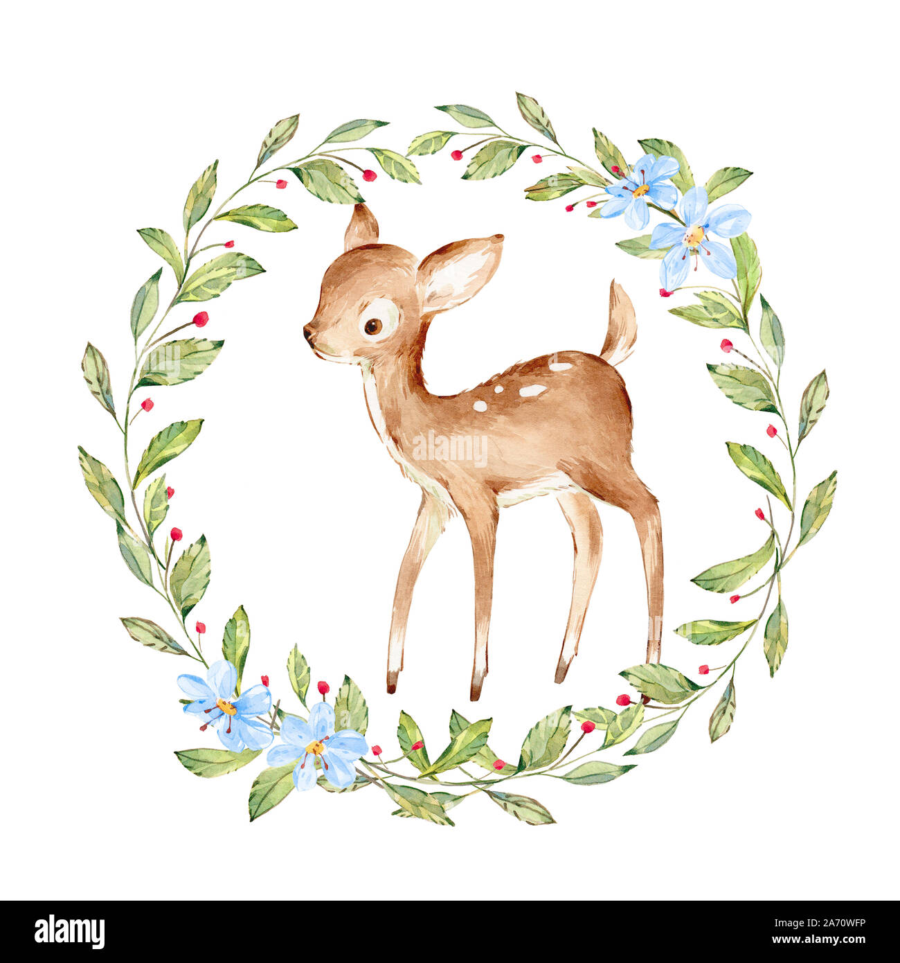 Aquarelle Mignon Bebe Chevreuil Entoure De Plantes Sauvages De La Foret Guirlande Profil Complet Bebe Chevreuil Plus Blanc Isolees Les Animaux De La Pepiniere D Impression Pour Photo Stock Alamy