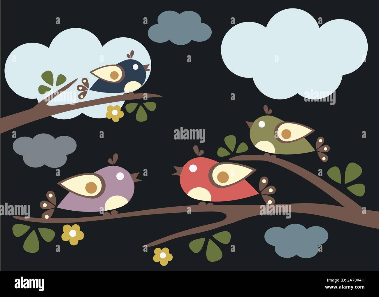Oiseaux assis sur les branches d'arbres. Vector Illustration. Nuit nuageuse Illustration de Vecteur