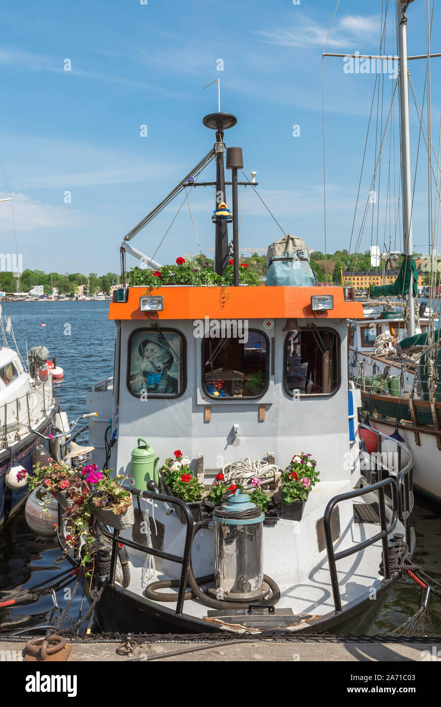 Le port de Stockholm, vue d'un bateau amarré sur la rive est de l'île de Skeppsholmen Stockholm en Suède, ville port. Banque D'Images