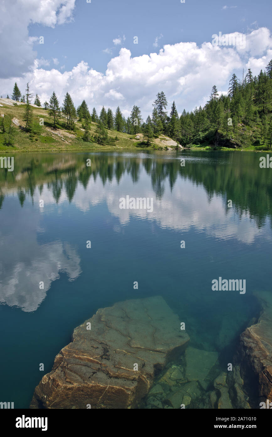 Pin arbres se reflétant dans le lac de montagne avec un ciel nuageux en été dans les montagnes Banque D'Images