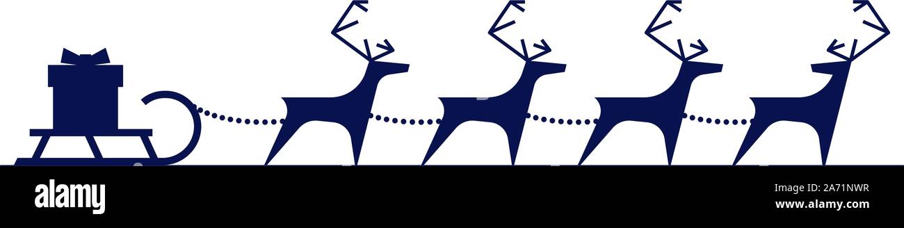 Harnais de renne du Père Noël avec boîte cadeau sur traîneau isolé sur fond blanc. Carte de vœux de joyeux Noël et de bonne année. Illustration du vecteur silhouette de cerf et de traîneau de Noël Illustration de Vecteur