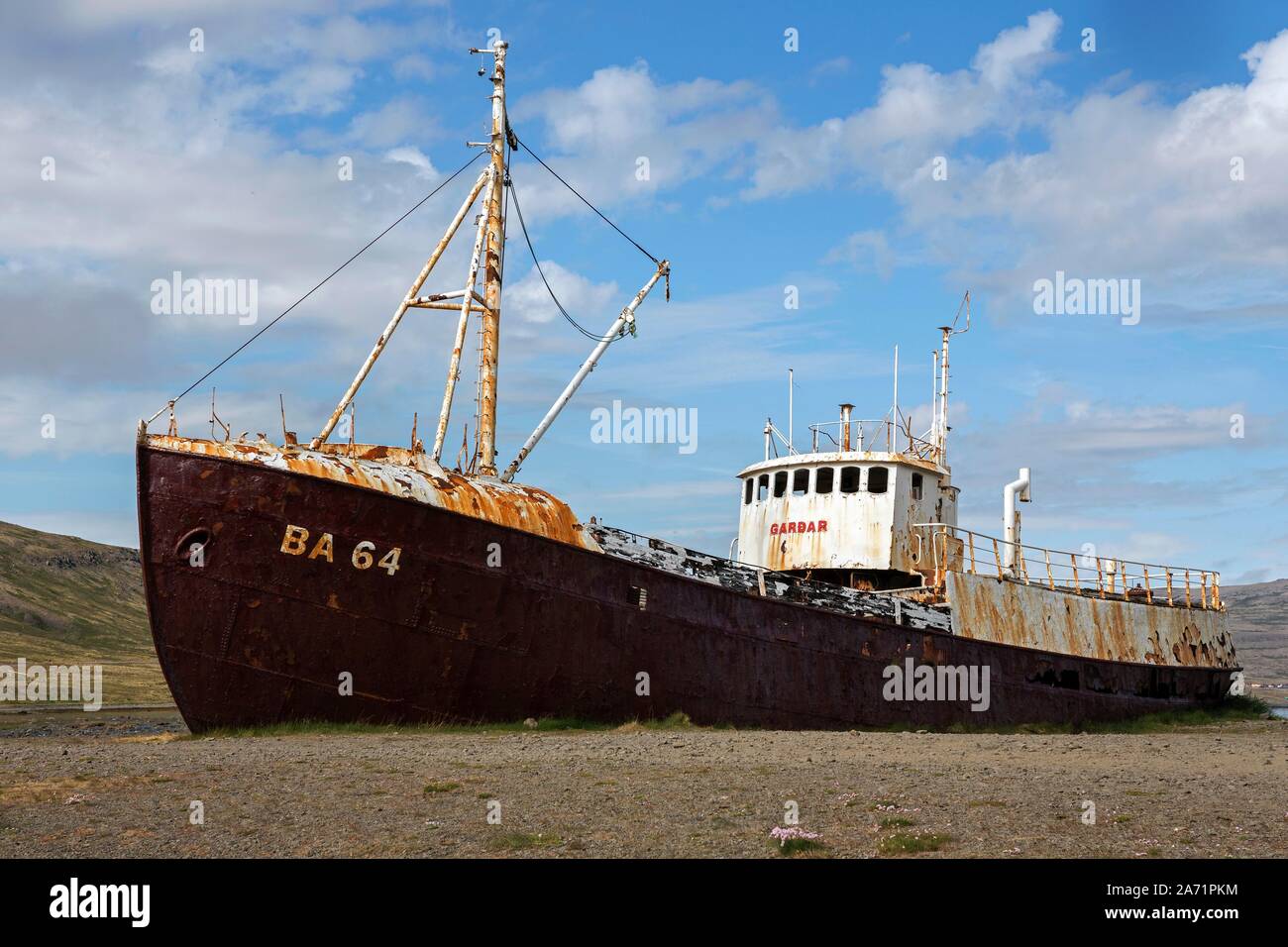 Gardar BA 64 acier ship, naufrage de 1912, à la route 612, près de Patreksfjordur, Westfjorde, Islande Banque D'Images