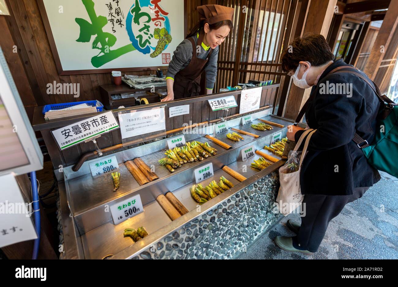 Femme achète japonais Wasabi Wasabi, racines pour la vente au comptoir, Daio Wasabi ferme, Nagano, Japon Banque D'Images