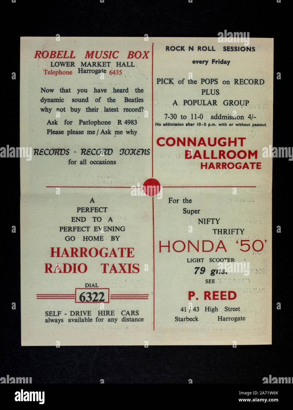 Souvenirs de réplique au sujet des The Beatles : Adverst dans le programme pour les Beatles l'apparence au Royal Hall Harrogate, 8 mars 1963. Banque D'Images