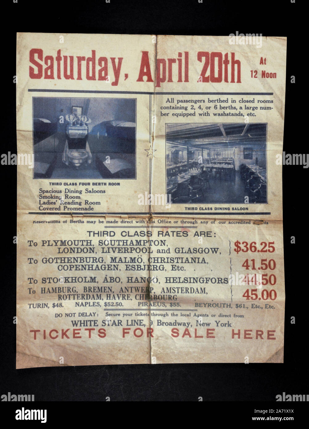 Souvenirs de répliques sur le Titanic : Affiche annonçant le retour du Titanic de New York à Southampton le 20 avril 1912. Banque D'Images