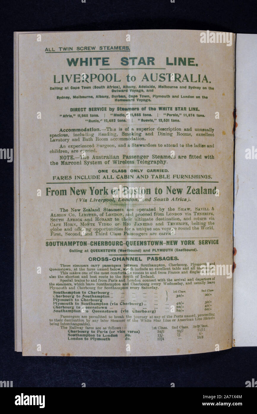 Souvenirs de répliques sur le Titanic : Publicité pour d'autres services dans le bateau à vapeur 1re classe White Star Line brochure passager. Banque D'Images