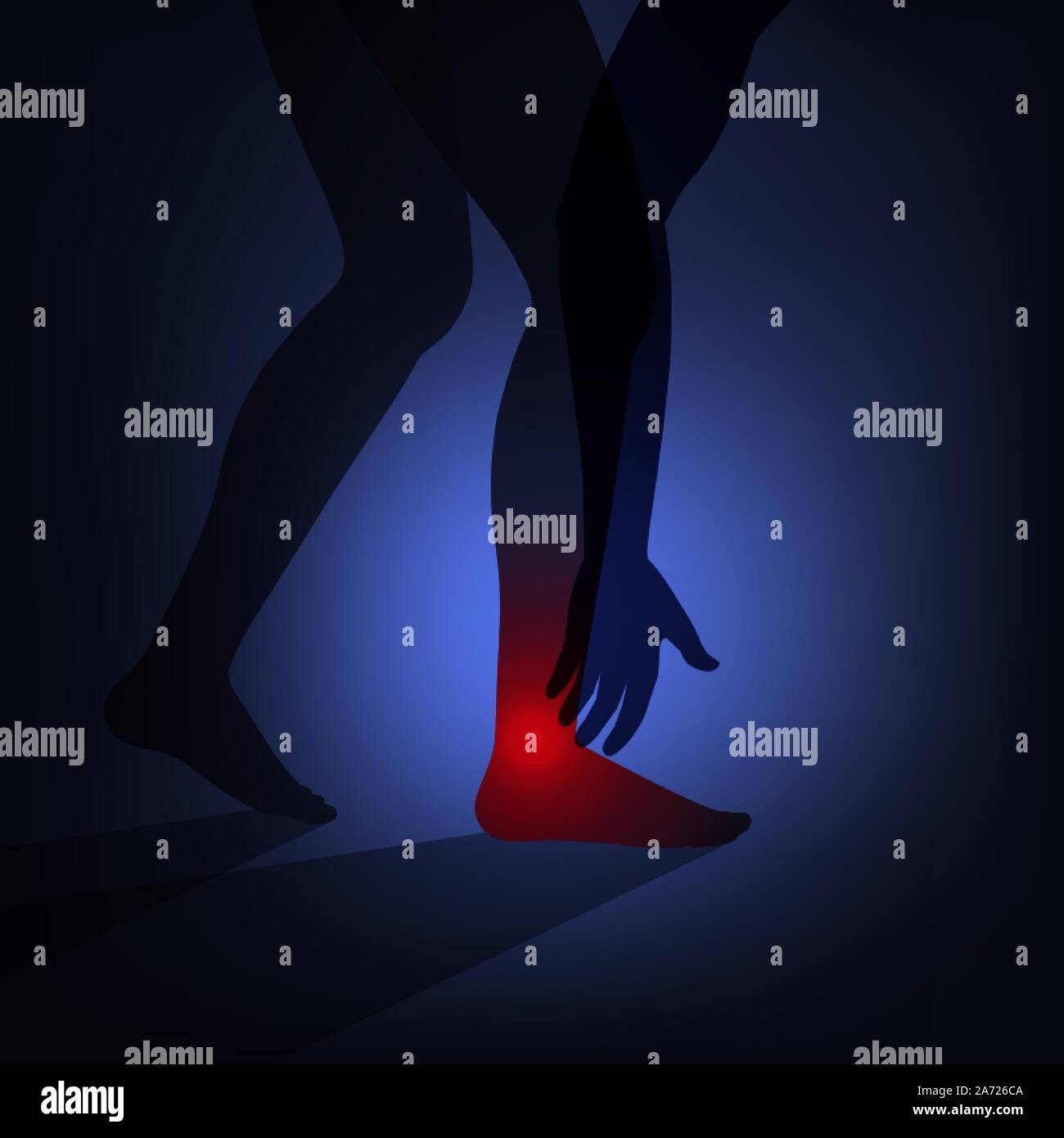 Silhouette homme courbure vers le bas et main touche à la douleur. Problèmes de santé concept, l'entorse de la cheville, de l'arthrite. Vector illustration style néon,low poly Illustration de Vecteur