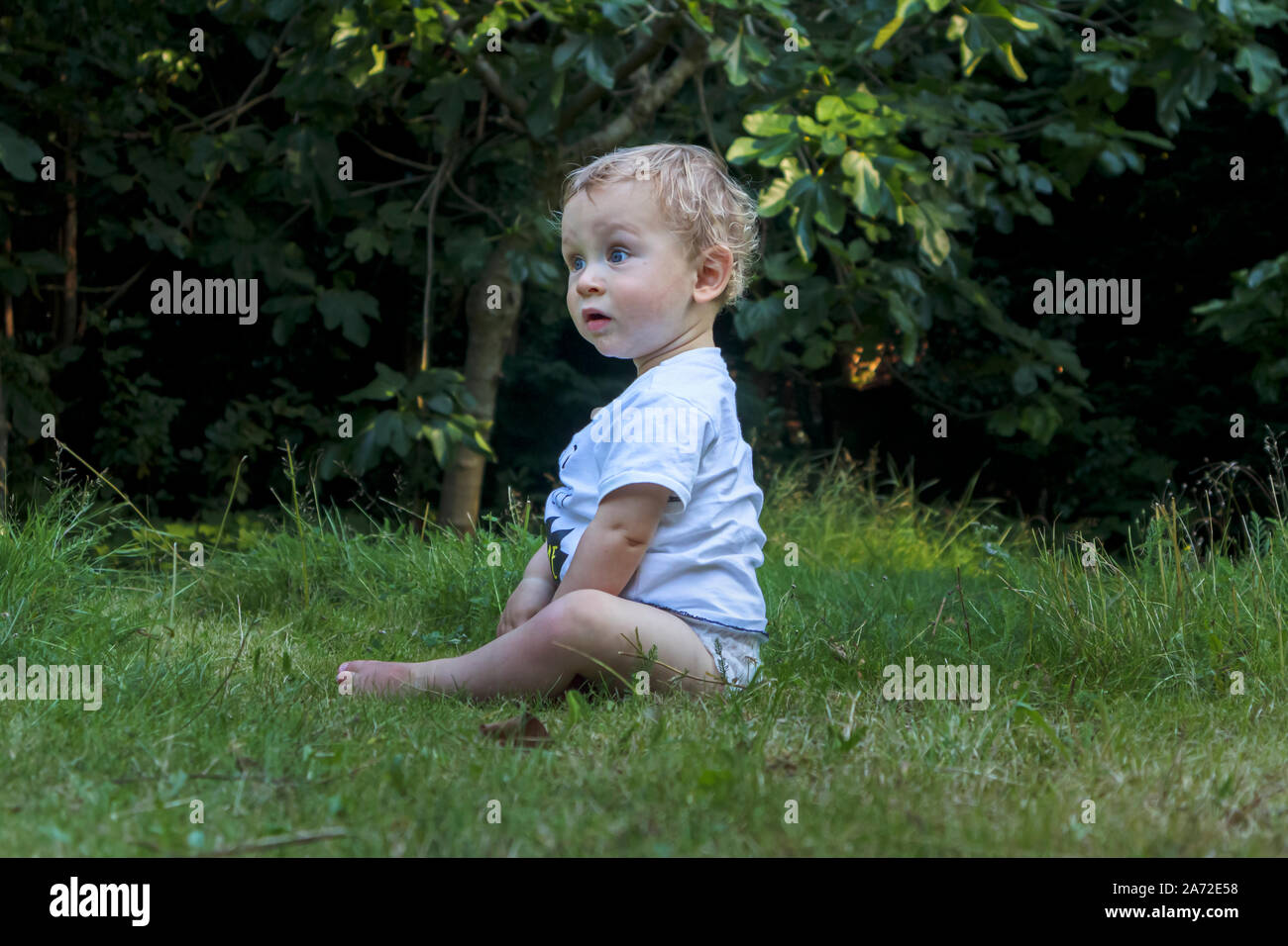 Un petit garçon de race blanche (l'âge de 11 mois) aux yeux bleus, portant un t-shirt blanc haut est assis sur l'herbe dans le jardin avec un regard interrogateur expression Banque D'Images