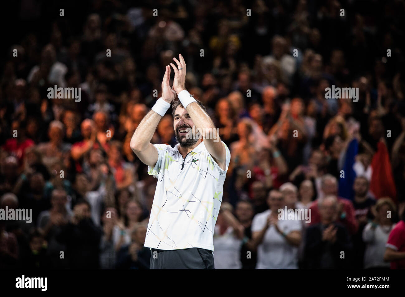 Paris. 29 Oct, 2019. Viktor Troicki de France célèbre après le deuxième tour contre Daniil Medvedev de la Russie lors de la Rolex Paris Masters 1000 tenue à l'Aréna AccorHotels à Paris, France le 29 octobre 2019. Credit : Aurelien Morissard/Xinhua/Alamy Live News Banque D'Images