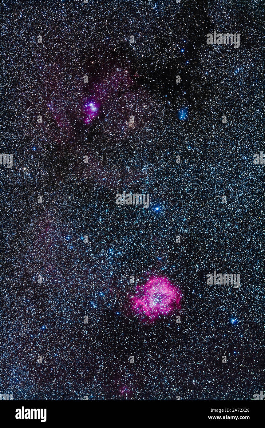 La zone de la nébuleuse de la Rosette (en bas) et l'arbre de Noël (top) dans Monoceros avec le Lightrack Fornax tracker et 200mm  + Objectif Canon 5D MkII Banque D'Images
