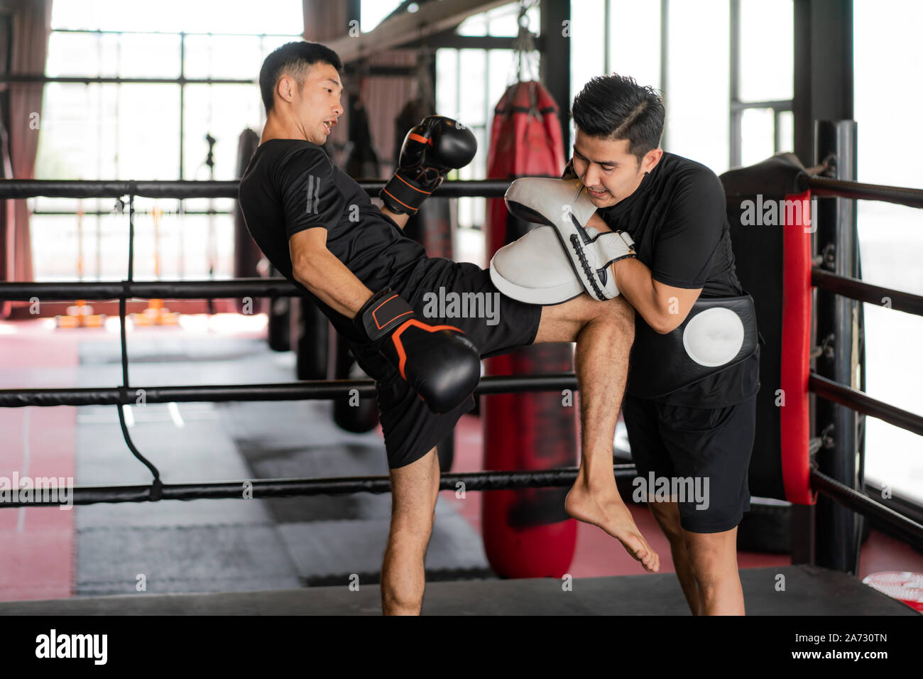 Young Asian kick boxer frapper avec le genou droit de formateur professionnel dans la boxe à l'arrière-plan studuim au fitness. La Une de l'Boxer sa Banque D'Images