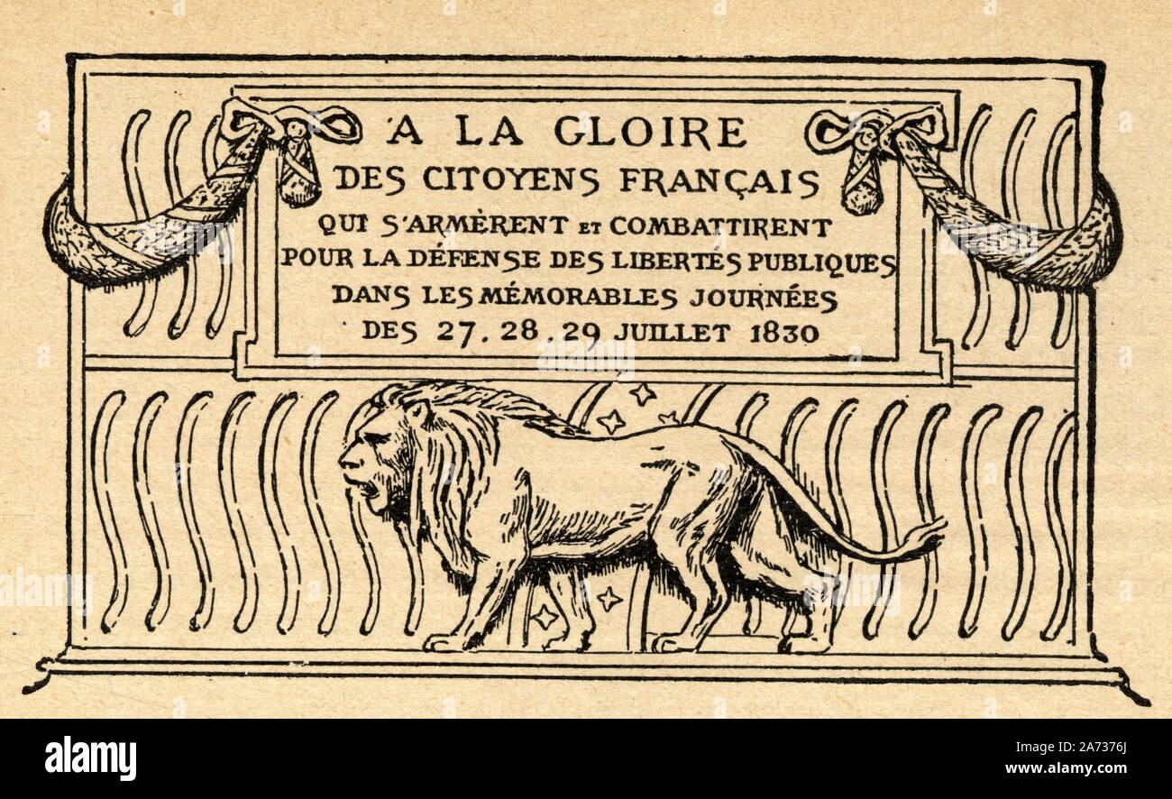Inscription placée sur le cercle de la colonne de juillet , érigée place de la Bastille en souvenir des journées d'où sortie le gouvernement de Louis-p Banque D'Images