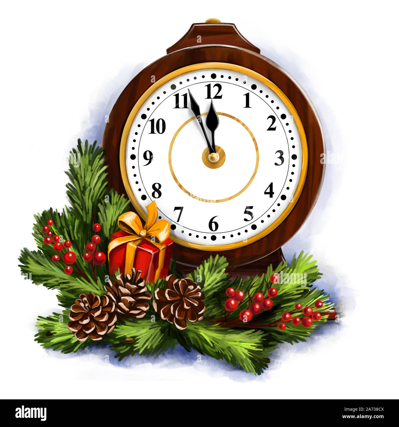 Réveil et décorations de Noël, noël ornement décoratif, l'art illustration peinte avec aquarelles isolé sur fond blanc. Banque D'Images