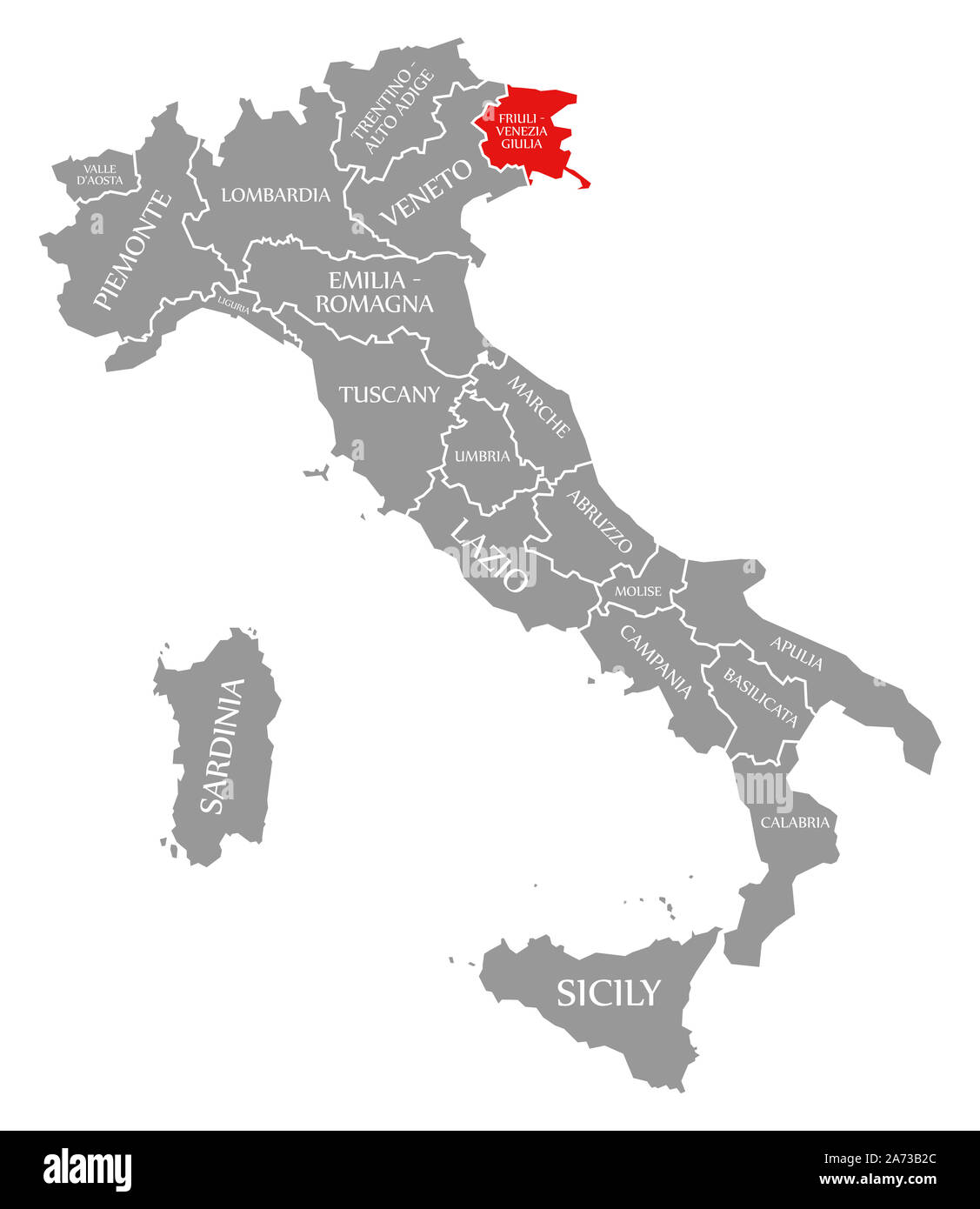 Friuli-Venezia Giulia red mis en évidence dans la carte de l'Italie Banque D'Images