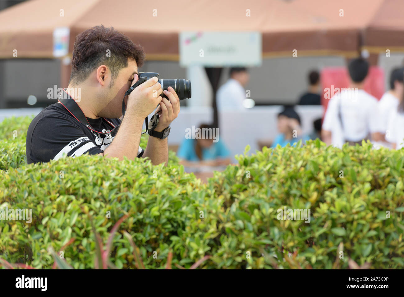 Asian man photographe à prendre des photos en public Banque D'Images