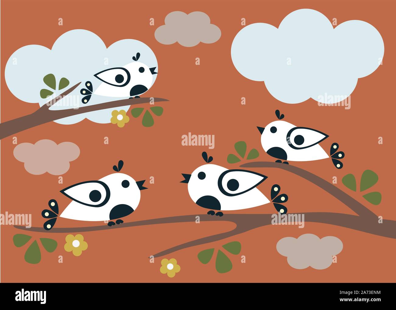 Oiseaux assis sur les branches d'arbres. Vector Illustration. Nuit nuageuse Illustration de Vecteur