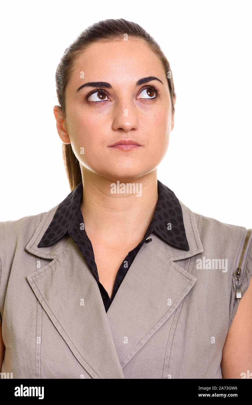 Visage de jeune femme magnifique avec la pensée attacher les cheveux Banque D'Images
