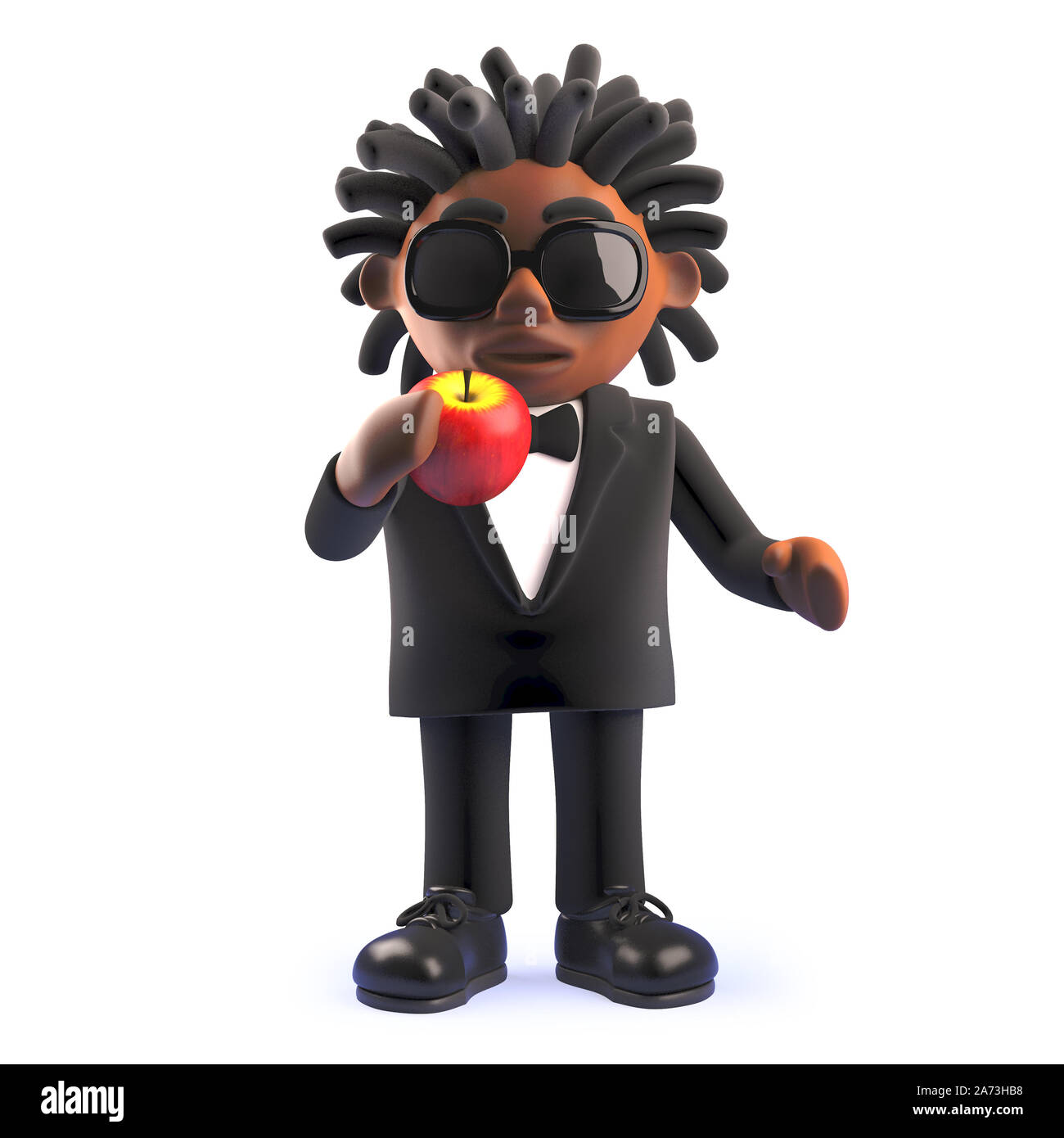 Dessins animés en 3d black African American singer artiste du spectacle de manger une pomme, illustration 3D render Banque D'Images