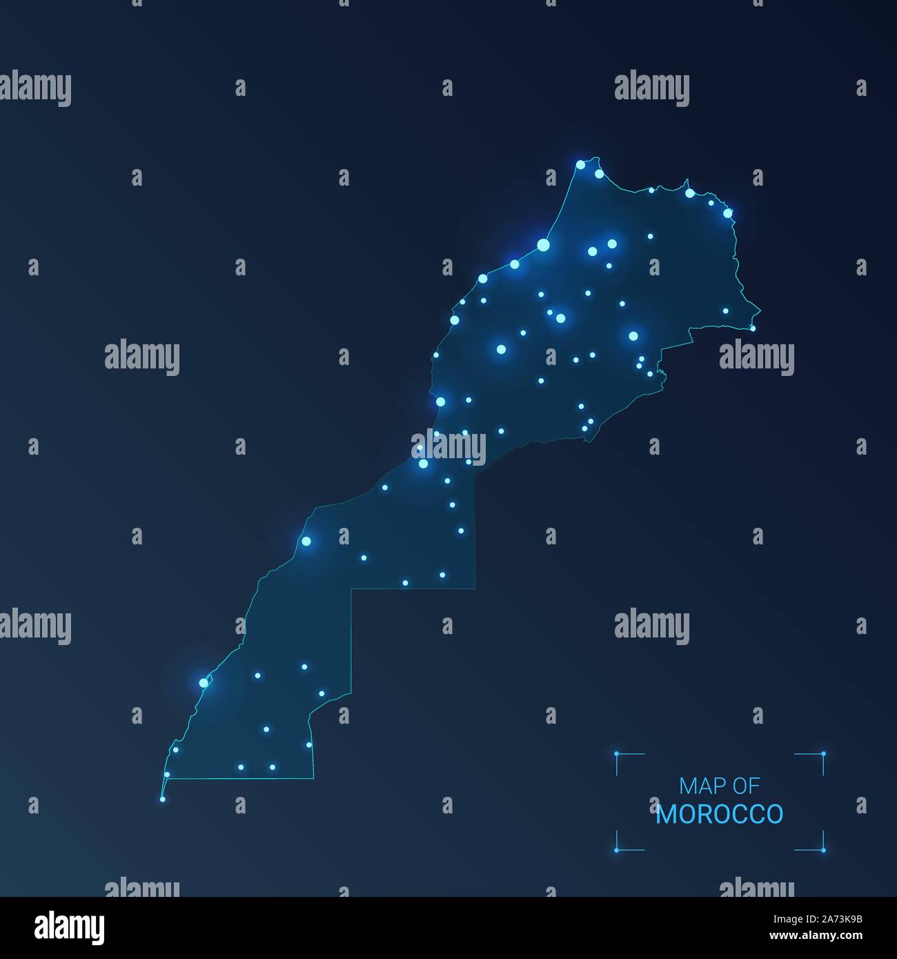 Carte du Maroc avec les villes. Points lumineux - néons sur fond sombre. Vector illustration. Illustration de Vecteur