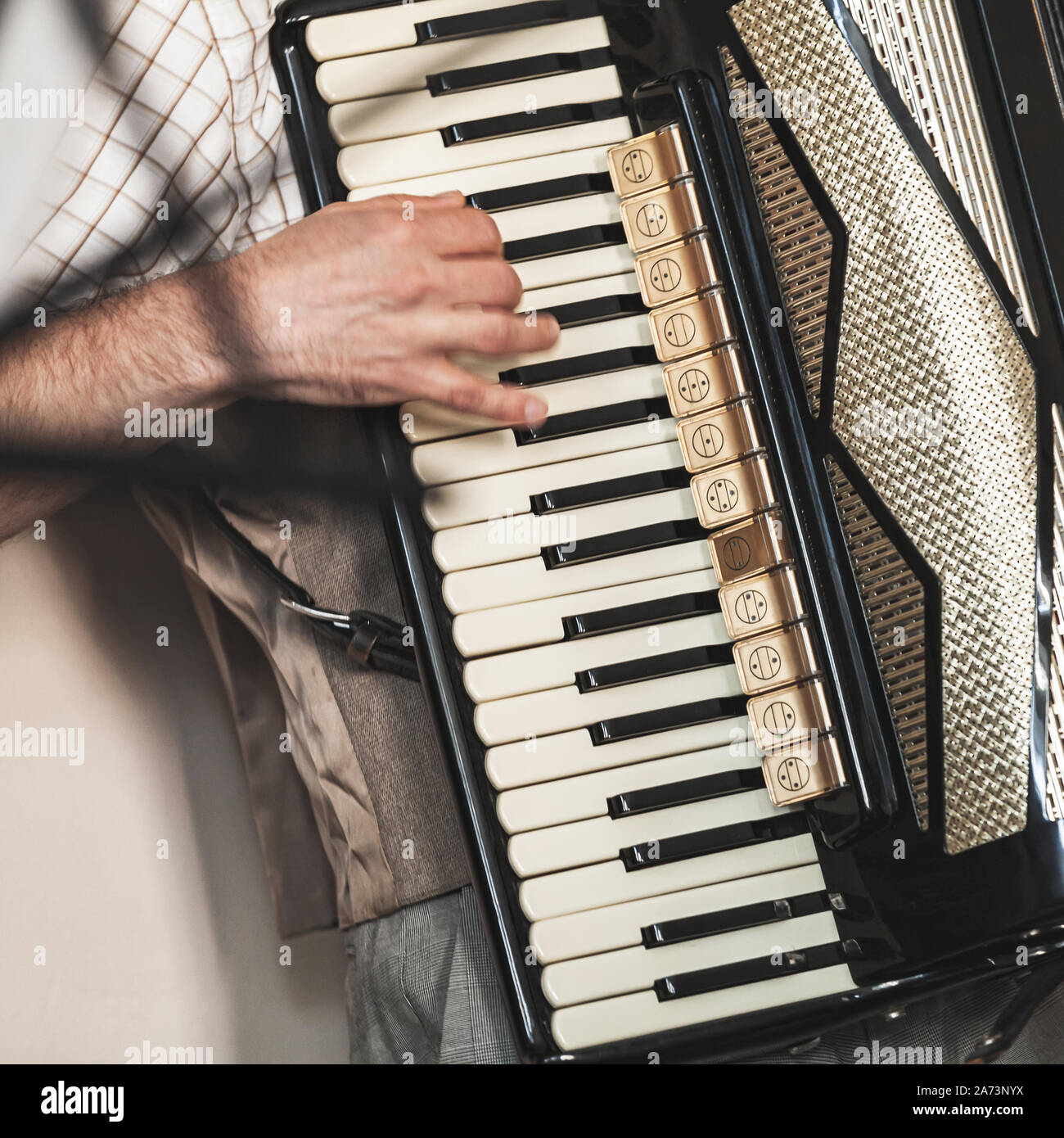 L'accordéoniste joue vintage accordéon. Close-up square photo avec selective focus Banque D'Images