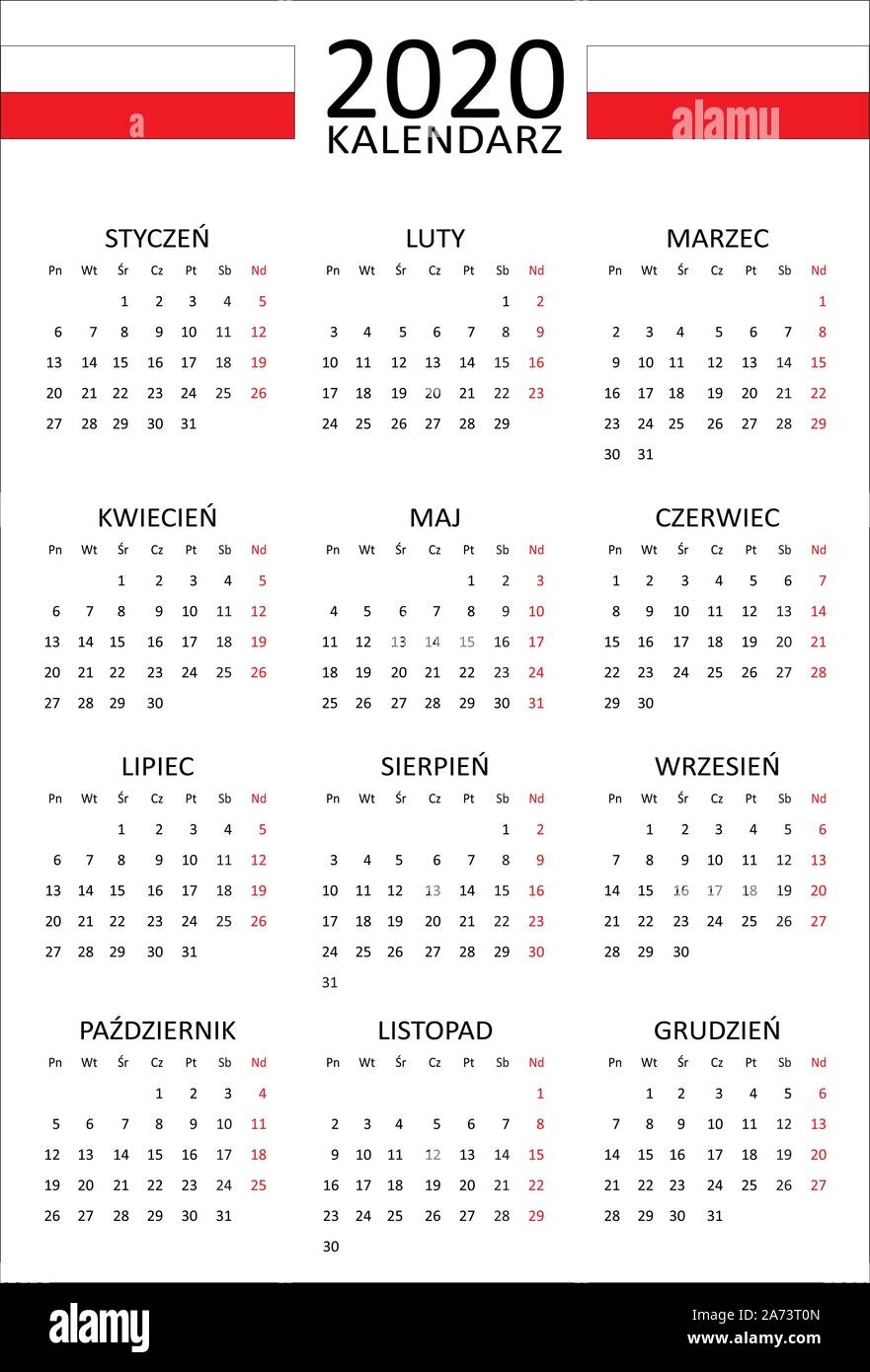 Calendrier polonais pour 2020. 12 mois sur une seule page. Début de semaine à partir de lundi. Style propre et transparent. Mise en page Calendrier monochrome. Illustration de Vecteur