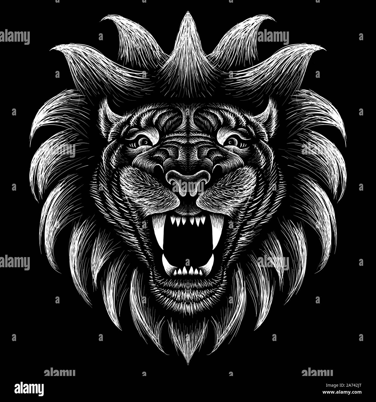 Le logo Vector lion pour tatouage ou T-shirt print design ou d'extérieur. Style de chasse les lions l'arrière-plan. Ce dessin serait agréable à faire sur la noir f Illustration de Vecteur
