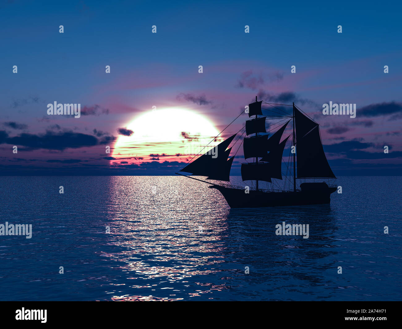 Le rendu 3D d'un ancien navire marchand ou goélette en mer au coucher du soleil. Banque D'Images