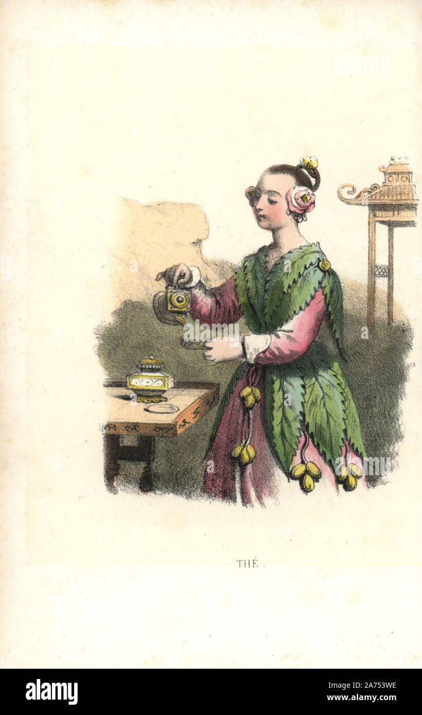 Fleur de thé Camellia sinensis, fée, verser une tasse de thé d'une théière. Lithographie coloriée par Louis Lassalle de Louise Leneveux' Les Fleurs parlantes (les fleurs), Louis Janet, Paris, 1848. Banque D'Images