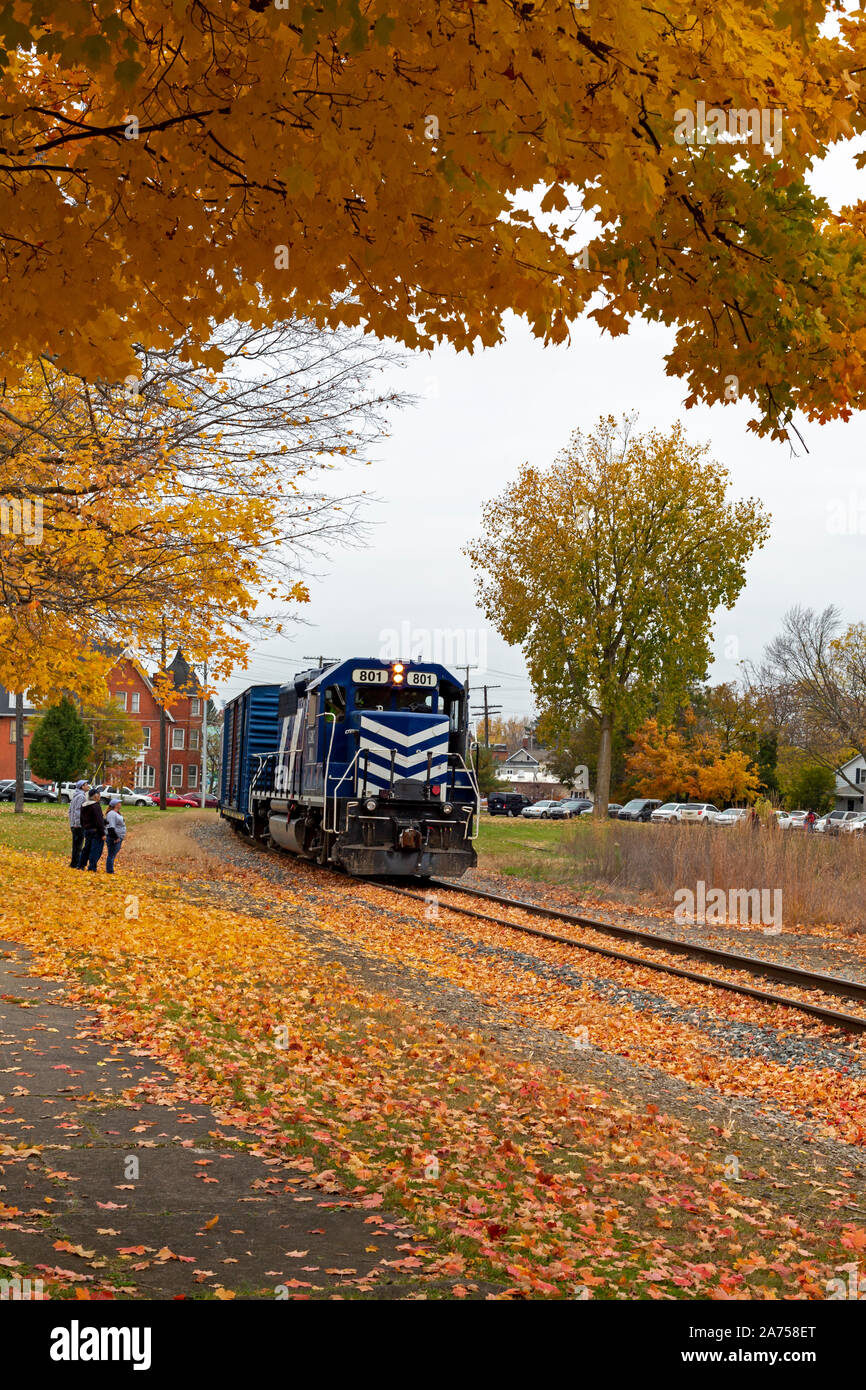 Holly, Michigan - un train de chemin de fer de l'état du lac Michigan en milieu rural à l'automne. Le chemin de fer exploite 375 milles de voies dans la péninsule inférieure du Michigan. Banque D'Images Holly, Michigan - un train de chemin de fer de l'état du lac Michigan en milieu rural à l'automne. Le chemin de fer exploite 375 milles de voies dans la péninsule inférieure du Michigan. Banque D'Images