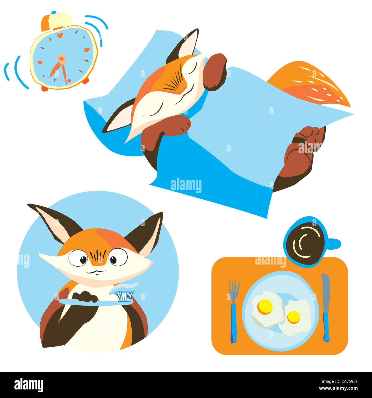 Matin du petit renard. le sommeil, Service, vous brosser les dents, le petit-déjeuner. Des œufs brouillés et du café tous les jours. Banque D'Images