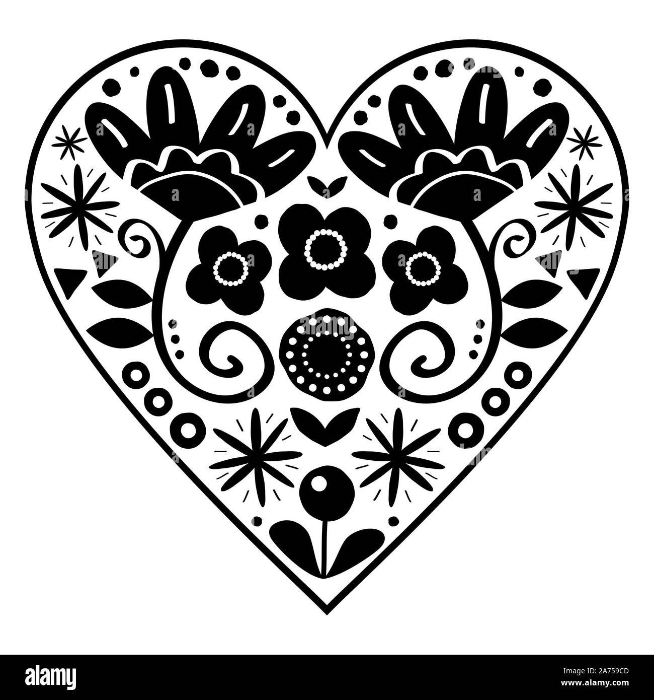 L'art populaire cœur floral design vectoriel, heureux motif en noir et blanc avec des fleurs - Scandinavian Valentines Day carte de vœux ou d'invitation de mariage, han Illustration de Vecteur