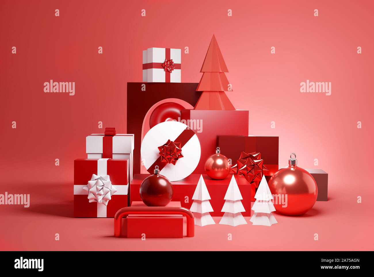 Un moderne contemporain abstrait arrière-plan à thème de Noël rouge avec des cadeaux et des babioles. 3D illustration Banque D'Images
