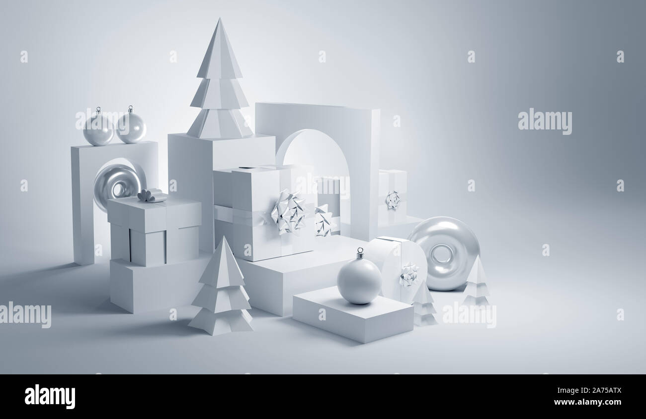 Contemporain Noël fond abstrait avec des formes, des arbres et des cadeaux. 3D illustration. Banque D'Images